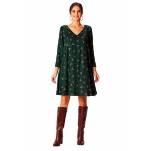 eShakti Green Mallard Duck Print Long Sleeve Trapeze Shift Dress